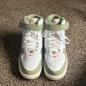 Nike Air Force 1 High Tops - White and Olive with Orange Accents